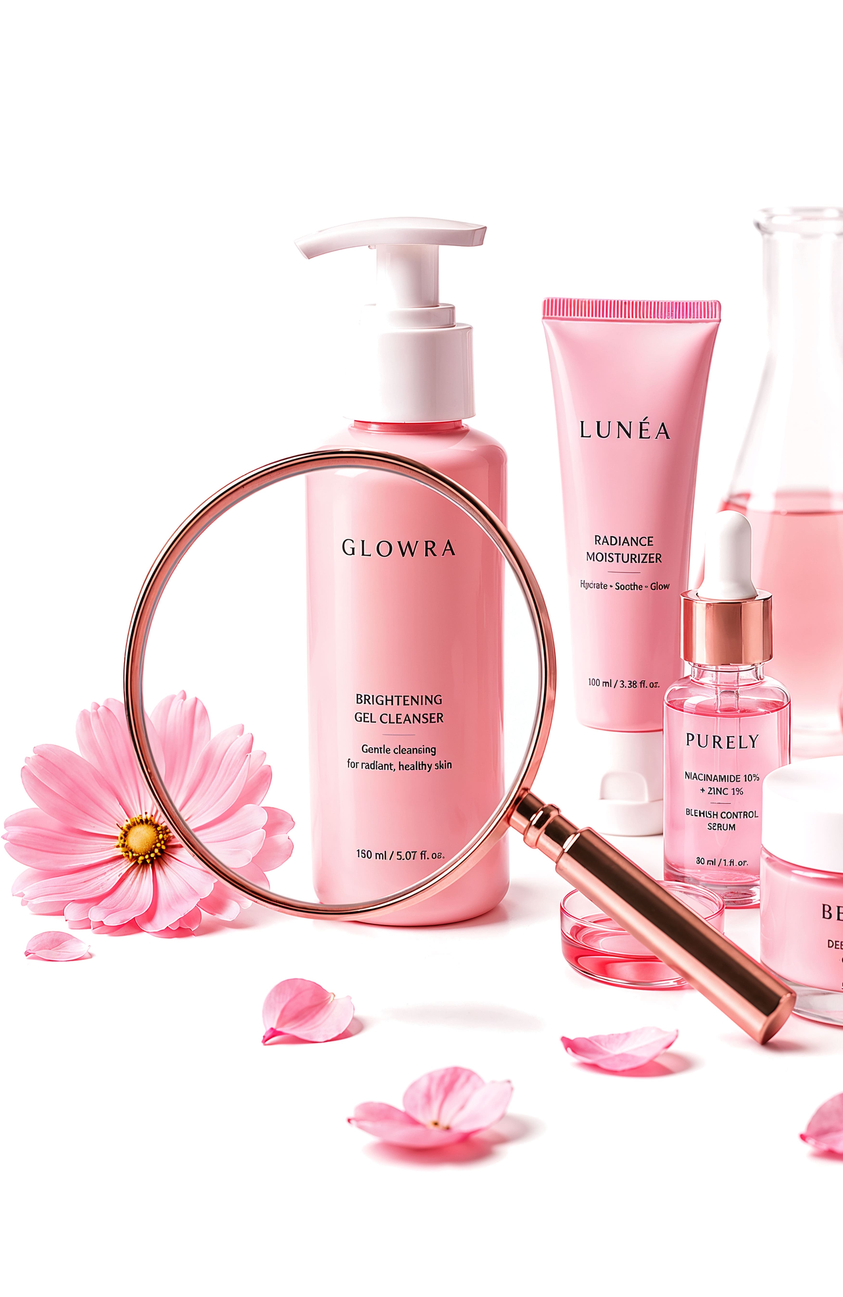 Magnifying glass over pink cosmetics revealing hidden ingredients